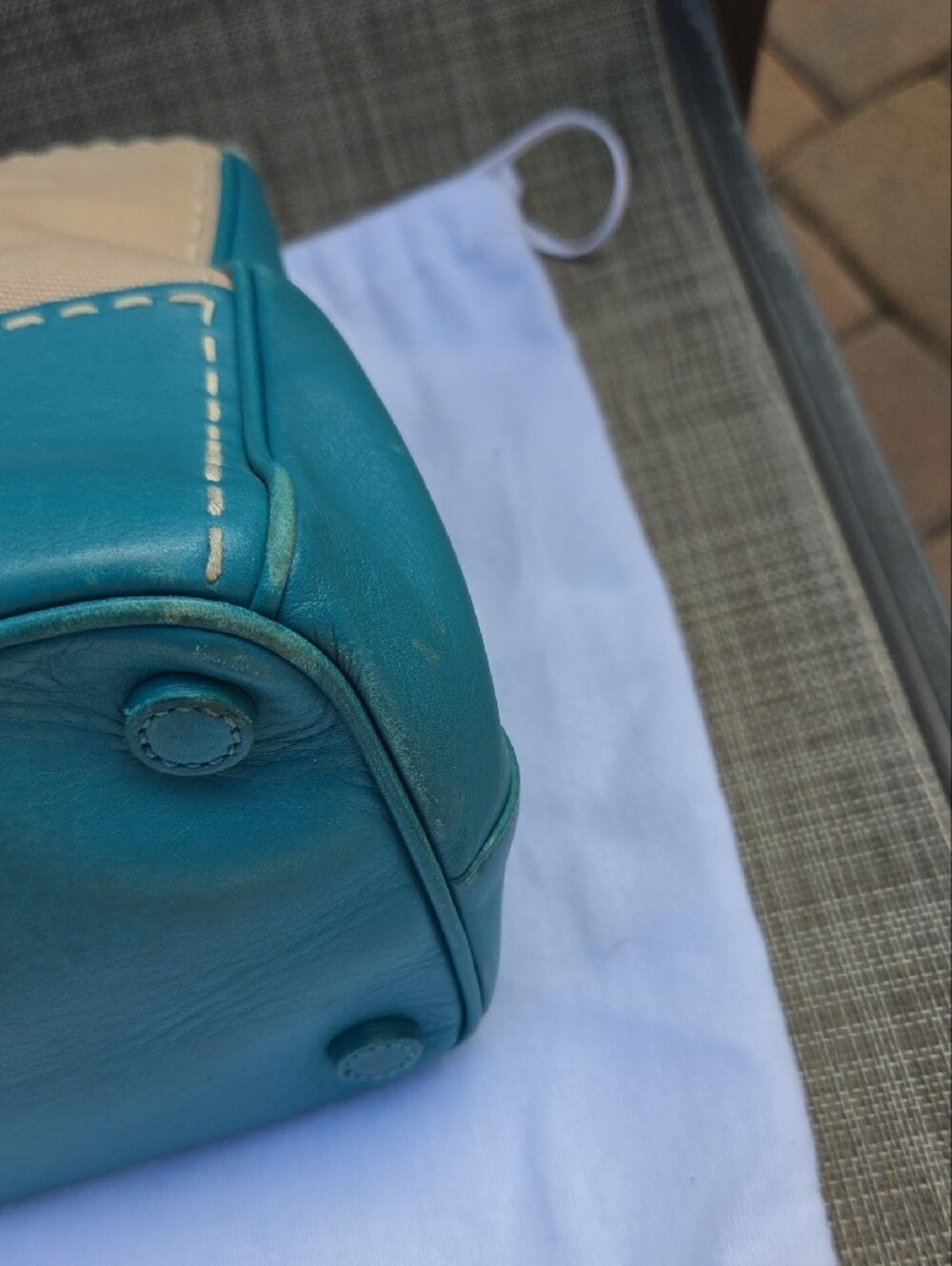 Prada Beige Canvas Satchel with Teal Leather Trim - Picture 10 of 17